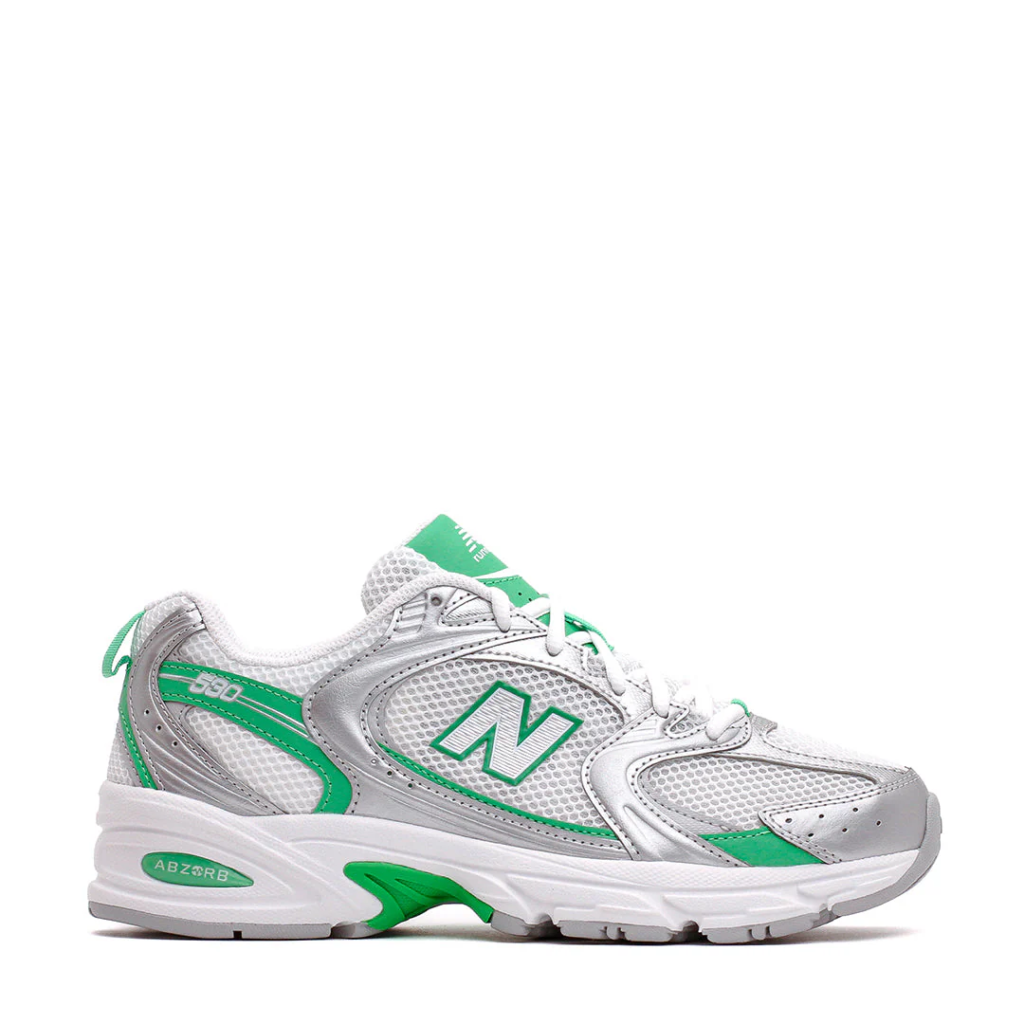 Women’s New Balance 530 ‘Metallic Silver / Green Apple’ .99 Free Shipping